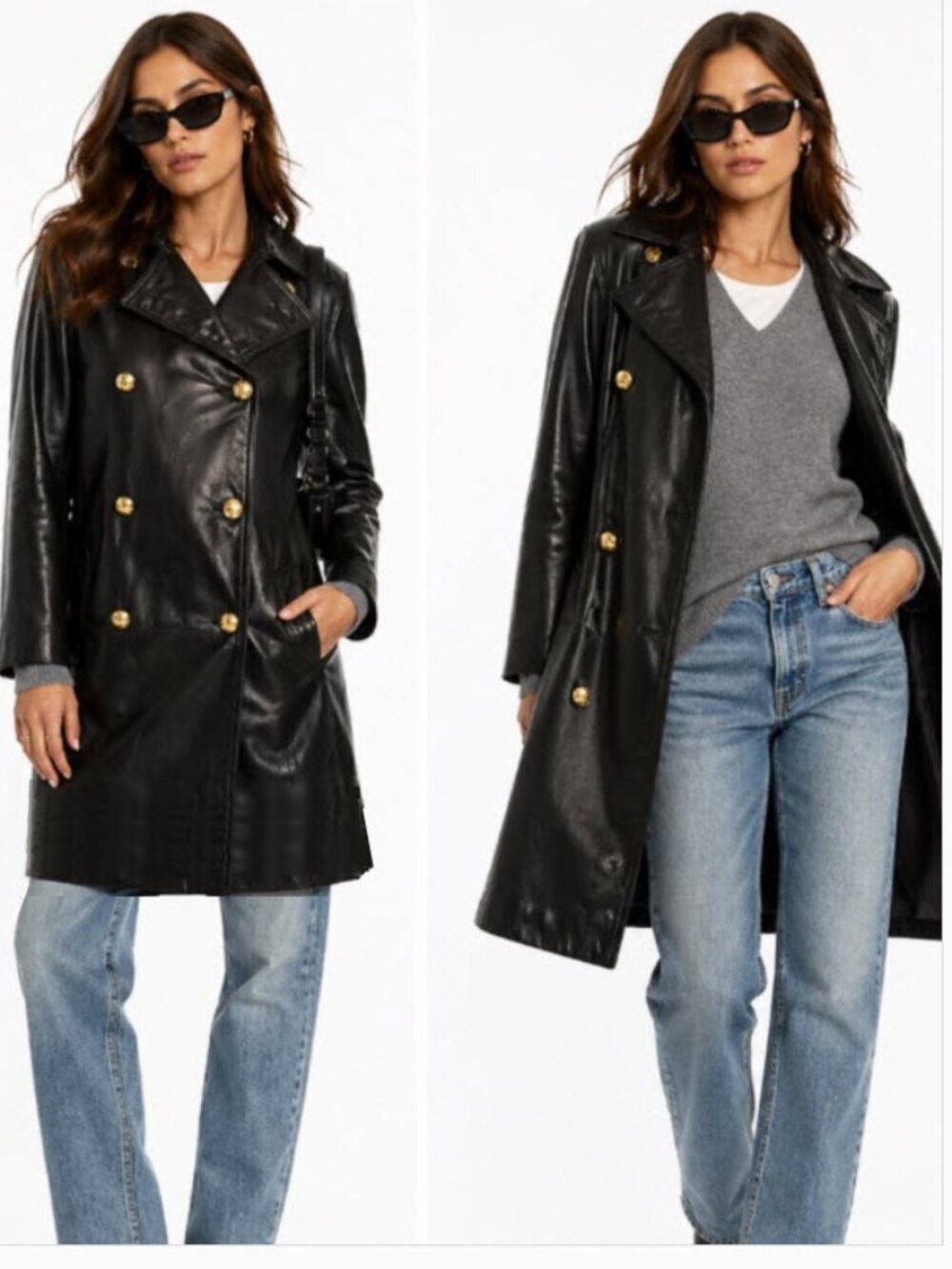Vintage Laurence Roy Black Leather Coat Gold Button Double Breasted S/M